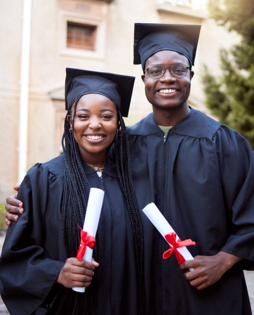Black people, portrait or graduation diploma in school ceremony, university degree success or colle.